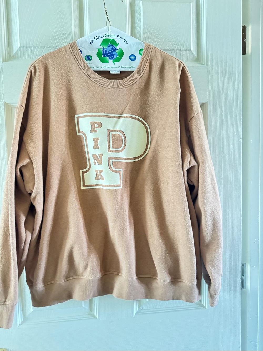 PINK Victoria's Secret Tan Crewneck Sweatshirt with Cream Logo